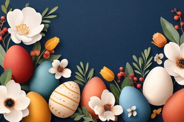 Fototapeta premium Easter eggs and spring flowers on a dark blue background for seasonal celebration