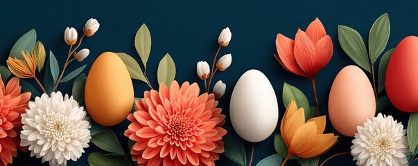 Fototapeta premium Easter eggs and spring flowers on a dark blue background for holiday decoration and greeting