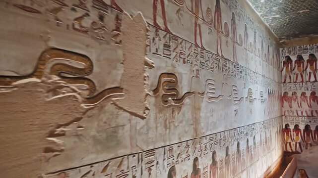 Interior view of the famous Seti the first tomb that is decorated with gods figures and hieroglyphs in the valley of Kings in Luxor in Egypt