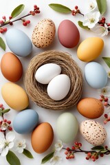 Fototapeta premium Colorful Easter eggs arranged around a nest with spring flowers and blossoms flat lay