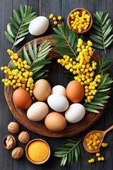 Fototapeta premium Easter wreath with fresh mimosa, mixed eggs and green foliage on dark wood background