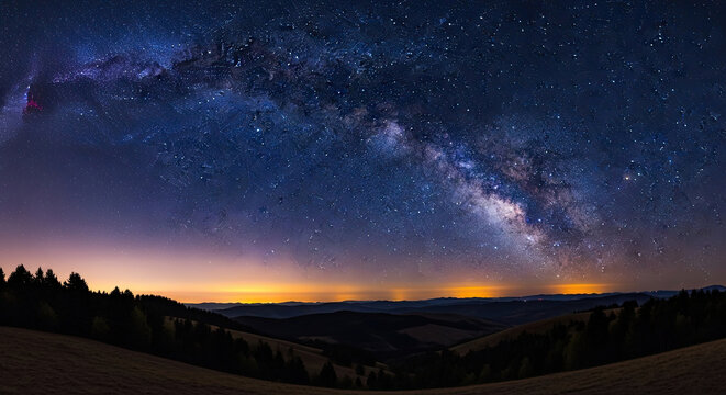 Majestic Milky Way galaxy arches brilliantly across a vast dark night sky over a serene mountain landscape with distant city light pollution