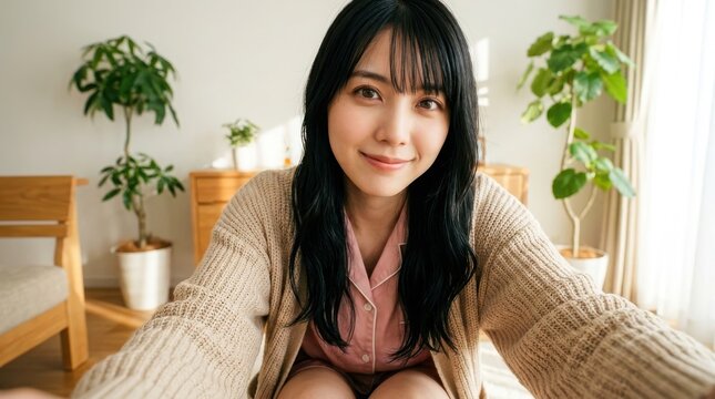 20代女性が部屋着姿でカメラに向かって優しく微笑む自撮り風