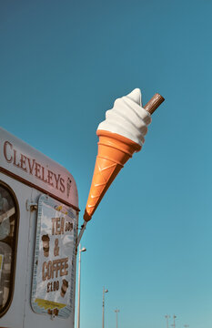 Cleveleys, uk, 01.01.2026 Iconic retro ice cream cone sign on Terry&rsquo;s of Cleveleys ice cream van against blue sky, representing classic summer atmosphere and British coastal lifestyle