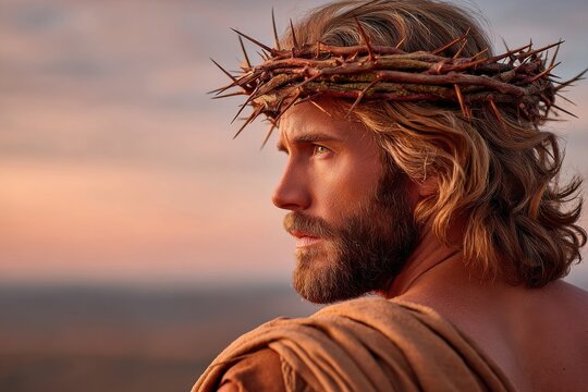 Portrait of Jesus wearing a crown of thorns looking into the distance at sunset with solemn expression