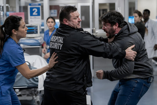 Hospital security restraining aggressive patient to protect medical staff, high tension emergency scene, realistic healthcare conflict, cinematic lighting, dynamic composition, crisis intervention 