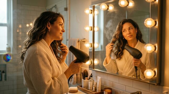 Woman standing in front of a bathroom mirror with hair dryer in hand, her reflection visible as she smooths her drying hair, warm golden light from vanity bulbs