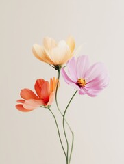Naklejka premium Pastel cosmos flowers bouquet on neutral background, delicate minimal botanical composition