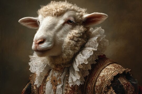 Lamb in velvet doublet with lace collar and gold embroidery