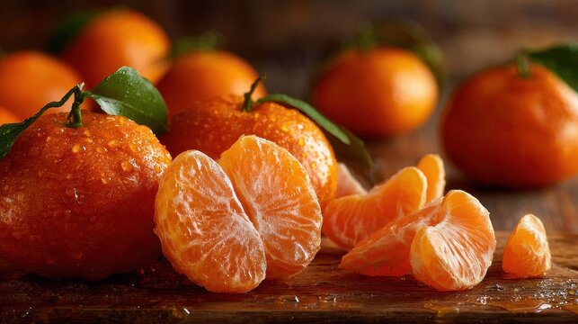 Vibrant citrus arrangement featuring whole and peeled mandarins on a rustic table