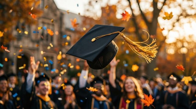 Close-up of a mortarboard cap with a golden tassel swinging mid-air during the ceremonial toss moment, sunlight catching the edges of the black fabric, blurred confetti