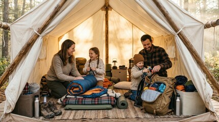 Fototapeta premium Parents and children inside a canvas tent at sunrise, unpacking backpacks and sleeping bags, sunlight filtering through fabric creating soft diffused glow, organized