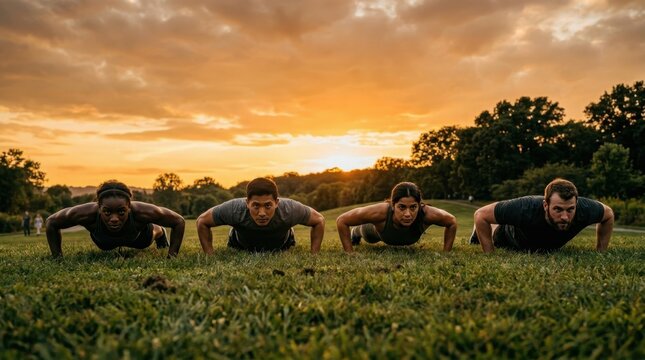 Group of four diverse athletes performing synchronized push-ups on grassy field during sunset, bodies lowered in unison, silhouettes backlit by warm orange sky,
