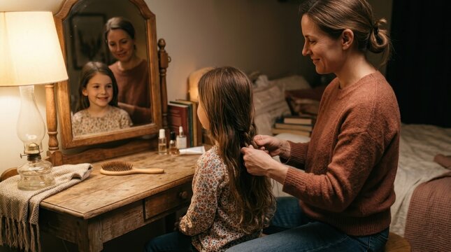 Parent braiding child's hair while sitting together at vanity with soft diffused lamplight, hands working gently through long strands, child looking into mirror with