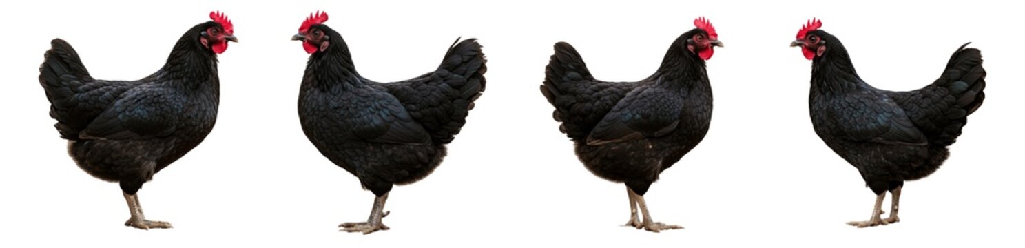 Collection of Four Black Hens Standing in Different Poses and Angles Isolated on White Background for Poultry Farming Agriculture and Livestock Production Concepts