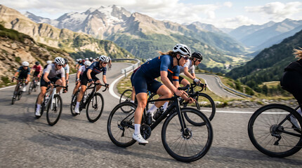 Fototapeta premium A group of cyclists rides fast along a winding road in the mountains. Women cycling competition.