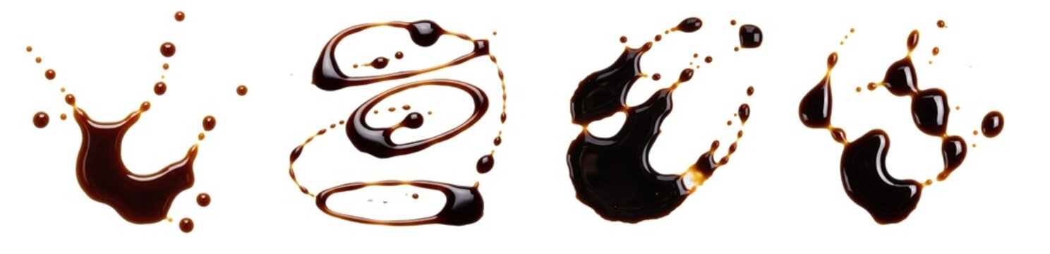 Soy Sauce Splashes and Balsamic Vinegar Puddles Isolated on White Background, Realistic 3D Illustration of Dark Liquid Drops for Asian Cuisine, Sushi and Food Product Design Projects