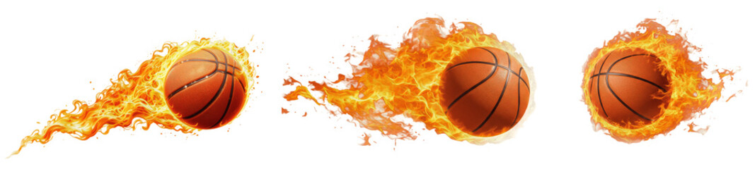 Basketball on Fire Set Isolated on White Background, Flying Flaming Basketball Balls with Realistic Orange Flames and Smoke Trails, 3D Render of Burning Sports Equipment for Design © Kirin980
