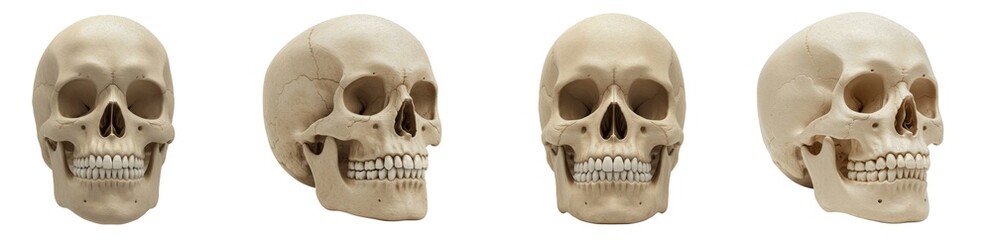 Obraz premium Set of human skulls from different angles, 3D render of medical anatomy model and spooky halloween skeleton decor isolated on white background