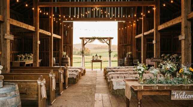 Rustic barn ceremony decorated with vintage wooden tables adorned with burlap table runners, mason jar centerpieces with wildflowers and greenery, string lights