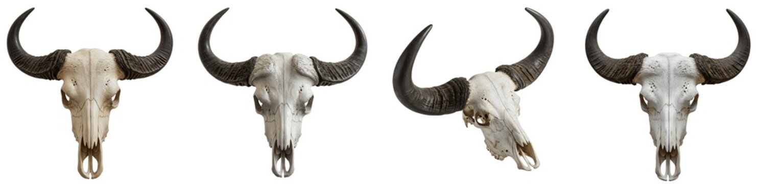 Set of buffalo skulls with large curved horns from different angles, 3D render of wild animal bone trophy and western desert decor concept isolated on white background