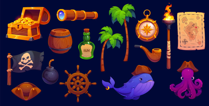 Cartoon pirate icons and characters. Vector treasure map and chest with gold, corsair captain hat and black flag with skull icons set. Funny whale and octopus pirate characters, rum, barrel and bomb