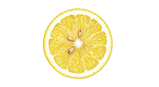 Vibrant hand-drawn illustration of a fresh yellow lemon slice showcasing juicy pulp white pith and visible seeds isolated on a clean white background