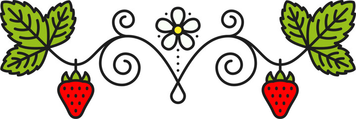 Forest red strawberry divider or spacer. Farm fruit frame separator, garden berry spacer. Ripe strawberry border or divider © Vector Tradition