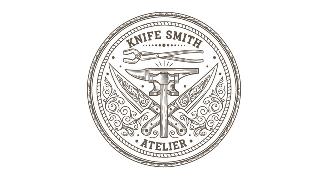Vintage Knife Smith Atelier Emblem with Anvil, Knives, Tongs, Engraved Design