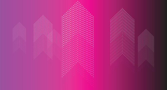 Abstract dot pattern shapes forming upward arrows and building silhouettes with reflections