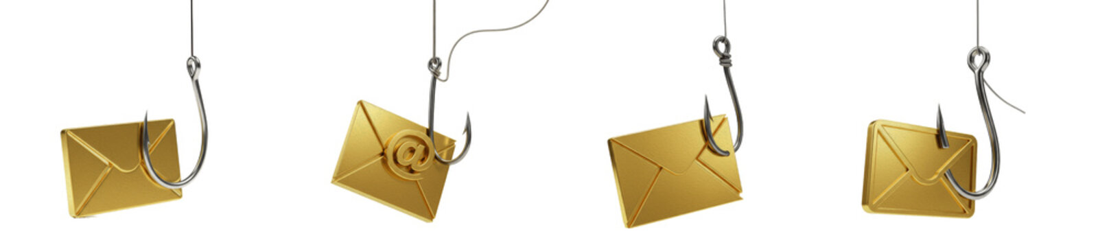Collection of Gold Mail Envelopes Hooked on Fishing Lines Isolated on White Background for Cyber Security Phishing Scam and Email Theft Conceptual Design