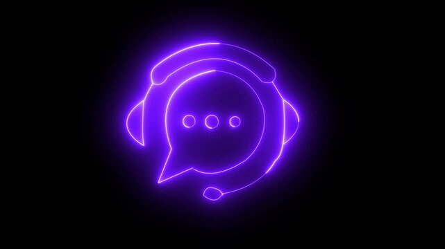 Neon glowing Headphone icon animation. D j earphones, game headset, listen music and podcast, playlist. Messages icon animation and circle loop animation on loop background