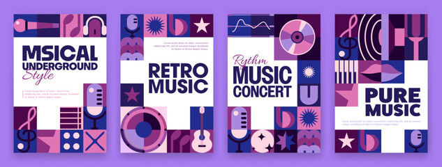 Plakat Musical posters with geometric music pattern background. Abstract graphic patterns set of purple piano, guitar, microphones and headphones, music notes, treble clef and geometric shapes mosaic