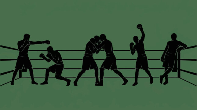 Silhouettes of boxers in various poses within a boxing ring, illustrating the sport's dynamic movements.