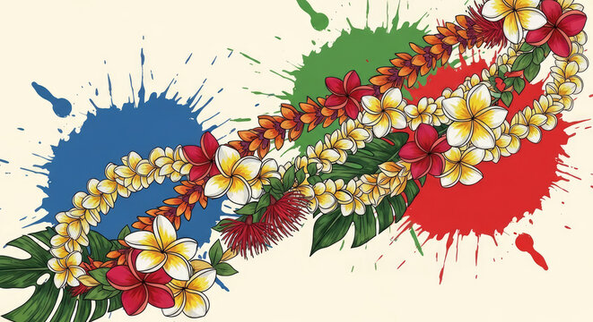 Vibrant tropical Hawaiian leis illustration featuring colorful plumeria flowers ohia lehua blossoms and green leaves against dynamic ink splatters