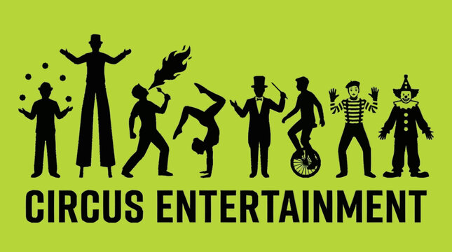 A vibrant green banner showcases a silhouette of various circus performers, including jugglers, a stilt walker, a fire breather, an acrobat, a magician, a unicyclist, and a clown.
