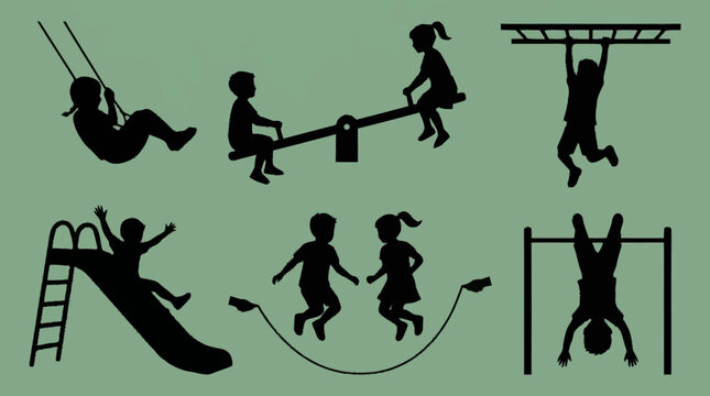 Silhouettes of children playing on a playground with swings, a seesaw, slide, monkey bars, and jump rope.