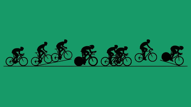 Silhouettes of cyclists in different aerodynamic positions on a green background, illustrating the evolution of cycling posture.