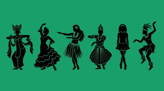 Silhouettes of diverse dancers in traditional costumes performing various cultural dances against a green background.