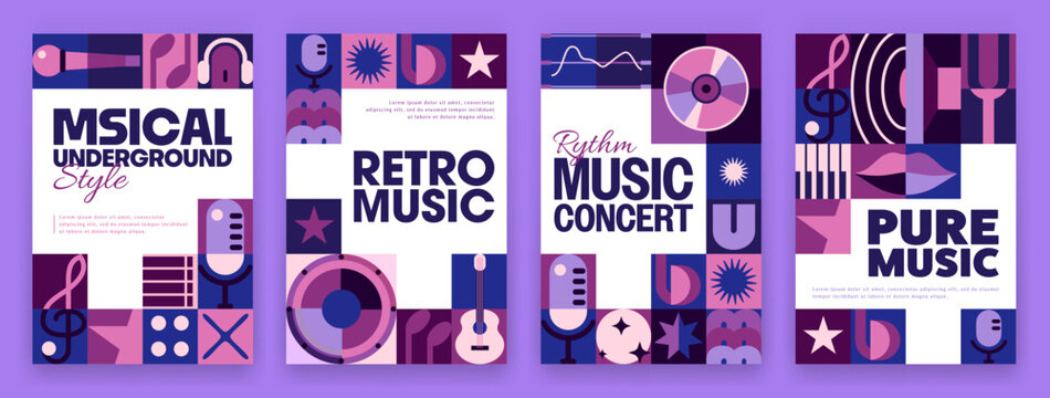 Musical posters with geometric music pattern background. Abstract graphic patterns set of purple piano, guitar, microphones and headphones, music notes, treble clef and geometric shapes mosaic