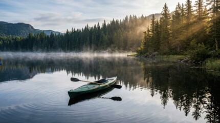 Obraz premium Lone kayak floating on glassy morning lake water, paddles resting across the hull, mist rising from the surface, dense evergreen forest reflected perfectly in still water