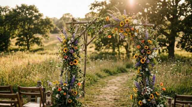 Bohemian wildflower arch bursting with multicolored blooms in a lush meadow setting, overgrown aesthetic combining sunflowers, lavender, daisies, and trailing vines,