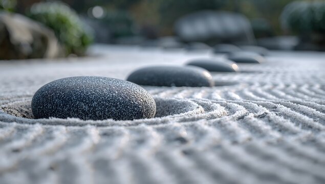 Close up of smooth stones in a frozen Japanese zen rock garden