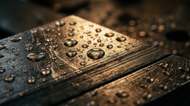 Close-up of brushed steel surface with deep parallel grain lines catching directional light, water droplets beading and reflecting across the metallic planes, fine