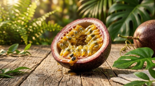 Close-up of a halved passion fruit revealing vibrant golden pulp and glossy black seeds glistening with juice, placed on weathered wooden surface with tropical leaves
