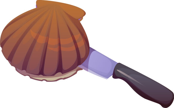 Cartoon scallop shell with kitchen knife in a cooking process scene where the chef blade opens the fresh marine shell, showing food preparation with seafood and kitchenware utensil for restaurant meal