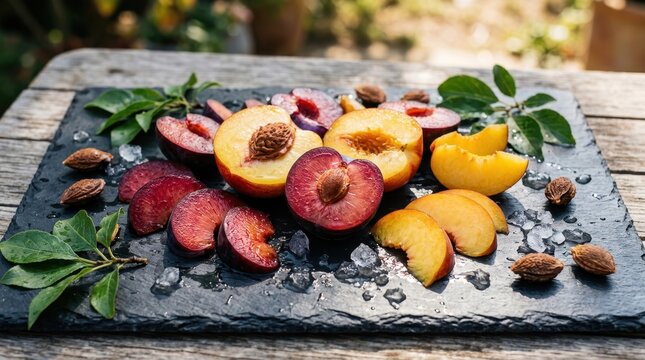 Sliced plums and nectarines arranged on a slate cutting board with scattered pits, glossy flesh exposed showing deep purple and golden hues, sunlight creating dramatic