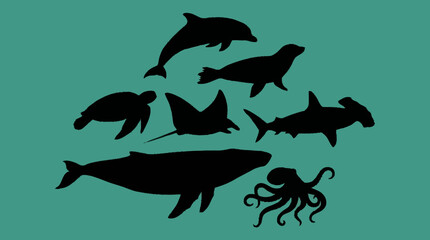 Naklejka premium A collection of diverse marine animal silhouettes including a whale, dolphin, shark, sea turtle, manta ray, seal, and octopus against a teal background.