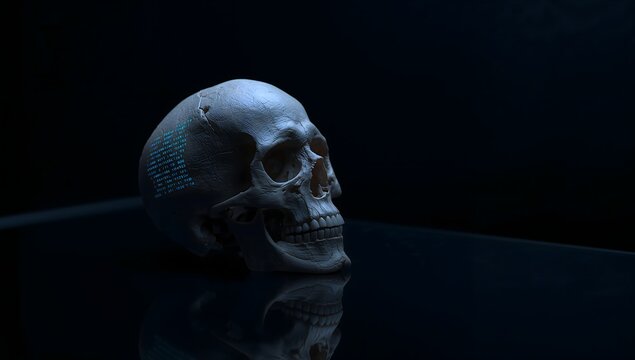 Futuristic human skull with glowing digital data on dark background