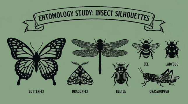 Entomology study featuring detailed black and white silhouettes of various insects including a butterfly, dragonfly, bee, ladybug, moth, beetle, and grasshopper against a muted green background.